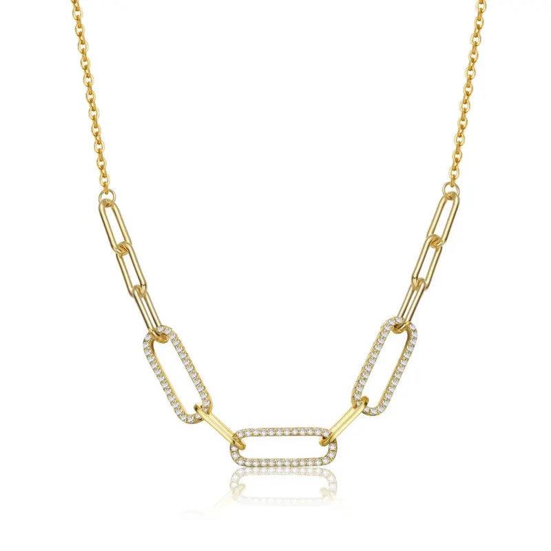 Genevive Sterling Silver 14k Yellow Gold Plated with Clear Cubic Zirconia Elongated Cable Link Chain Necklace