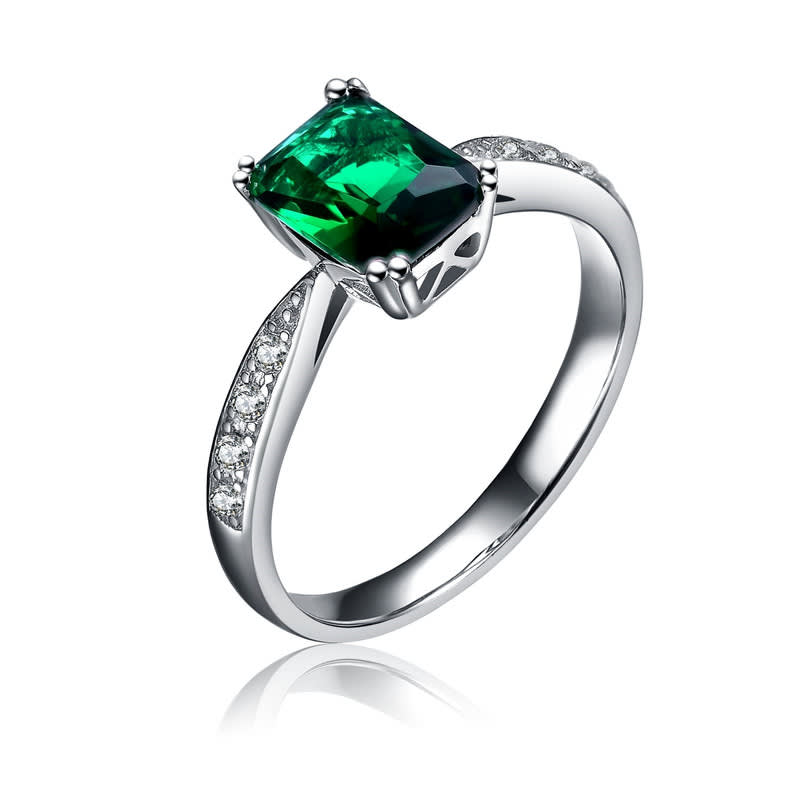 Genevive Sterling Silver White Gold Plated with Green Cubic Zirconia Rectangle Ring