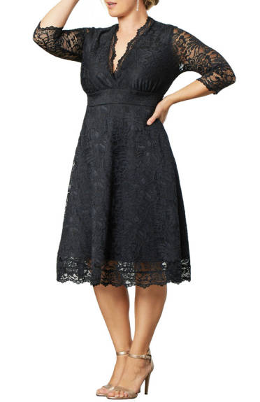Kiyonna Mademoiselle Lace Cocktail Dress with Sleeves (Plus Size)