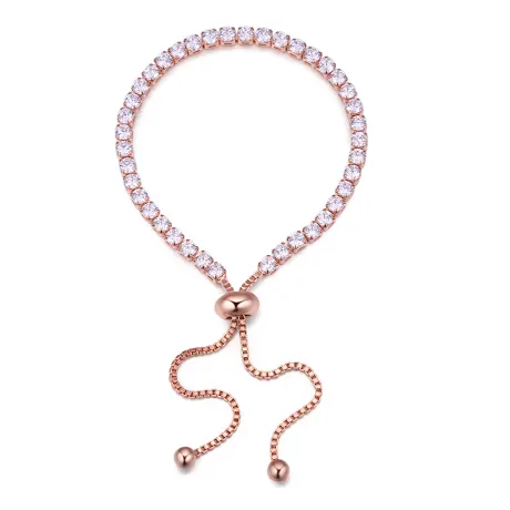 Bracelet tennis ajustable en cristaux clairs en or rose, fabriqué avec des cristaux autrichiens de qualité.