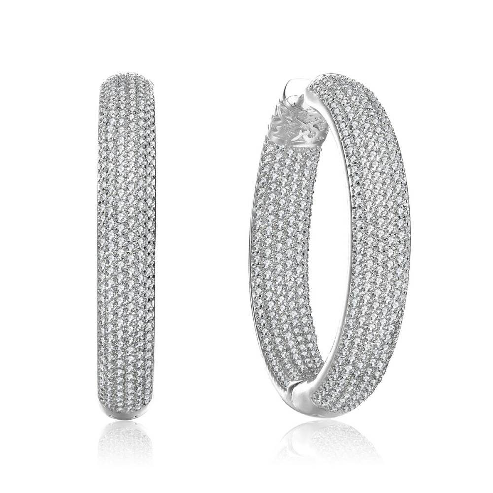 Genevive Sterling Silver with Clear Cubic Zirconia 10-Row French Pave Inside Out Large Tubular Hoop Earrings