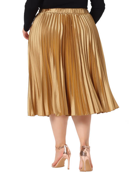 Agnes Orinda - Pleated Stretchy Waist Metallic Shiny Midi Skirt