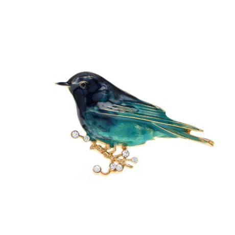 Goldtone & Teal Bird on a Crystal Branch Brooch - Don't AsK