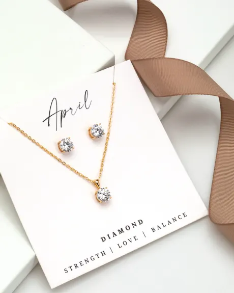 Boucles d'oreilles et collier en or avec diamant et pierre de naissance CZ pour avril