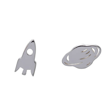 Ag Sterling - Sterling Silver Rocket   Planet Asymmetrical Stud Earrings