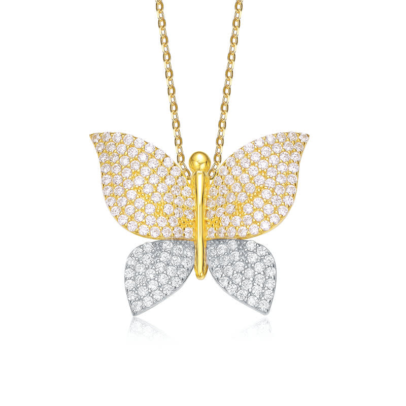 Genevive Sterling Silver Two Tone with Clear Cubic Zirconia Butterfly Pendant Necklace Penningtons