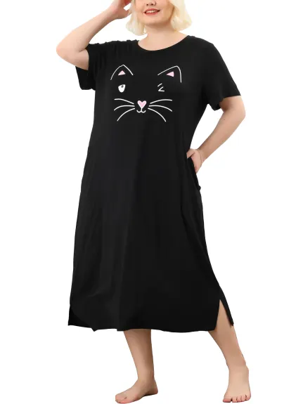 Agnes Orinda - Chemise de nuit confortable Chemise de nuit à poche avec imprimé chat mignon