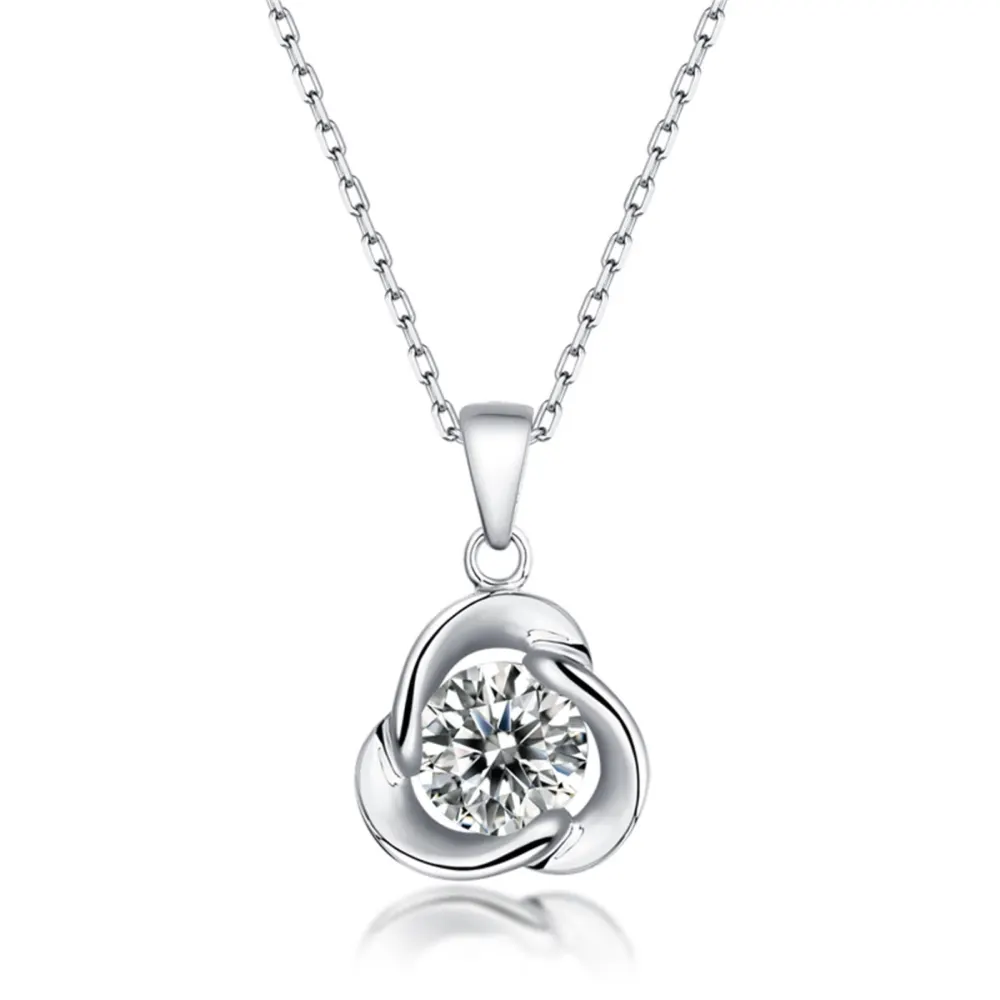 Stella Valentino Sterling Silver with 1ct Round Moissanite Solitaire Flower Swirl Pendant Necklace