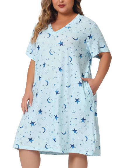 Agnes Orinda - Short Sleeve Star Moon Pattern Sleepshirt