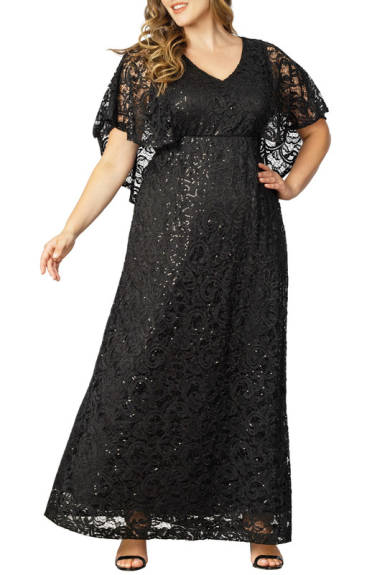 Kiyonna Celestial Cape Sleeve Sequined Lace Gown (Plus Size)