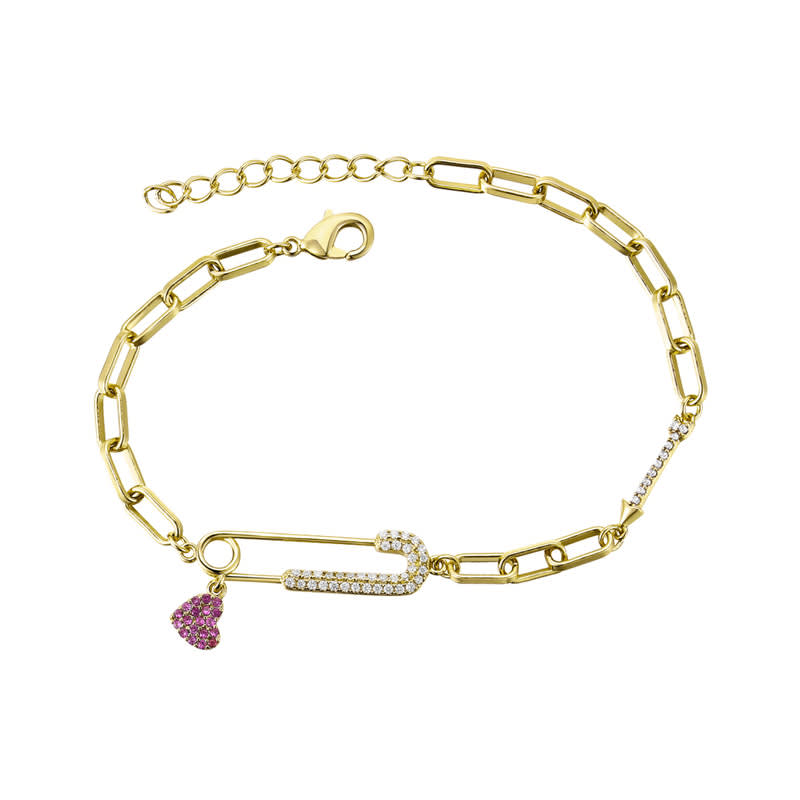 Bracelet à breloques pour enfants plaqué or jaune 14 carats avec oxyde de zirconium rose