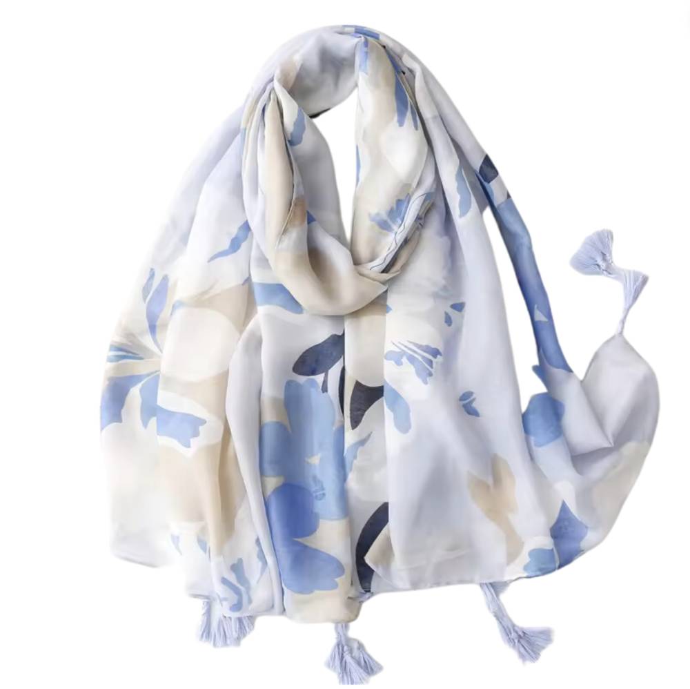 Blue and Sand Floral Tassel Scarf - Don't AsK