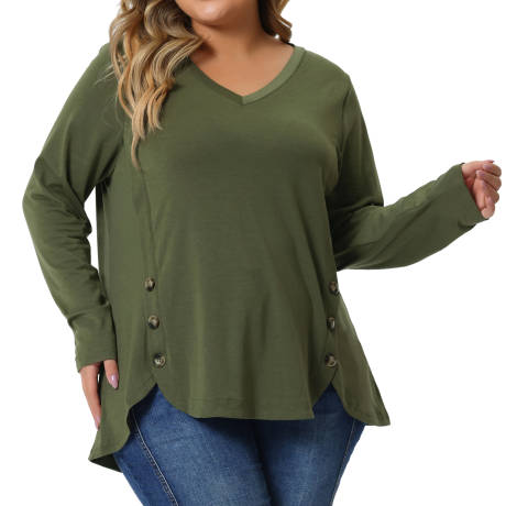 Agnes Orinda - Casual V Neck Button Side Basic Loose Tunic Tops