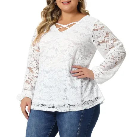 Agnes Orinda - Cross V Neck Sheer Double Layers Lace Top