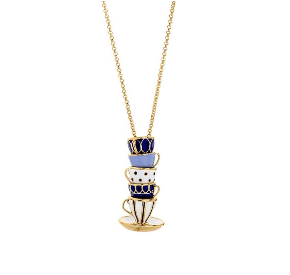 Goldtone Blue and White Stacked Teacups Pendant Necklace - Don't AsK