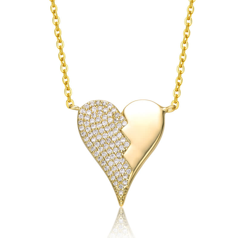 Rachel Glauber 14k Yellow Gold Plated with Cubic Zirconia Broken Cracked Zig-Zag Half & Half Stolen Heart Pendant Necklace-16+2 inch