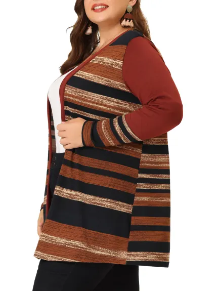 Agnes Orinda - Long Open Front Striped Sweater Cardigan