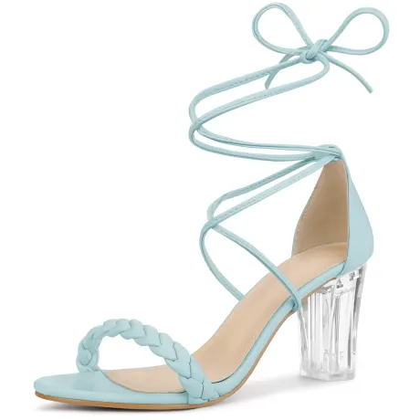 Allegra K - Woven Braided Lace Up Clear Block Heel Sandals