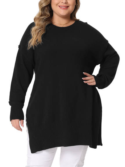 Agnes Orinda - Oversized Crew Neck Slit hem Knit Pullover Sweater