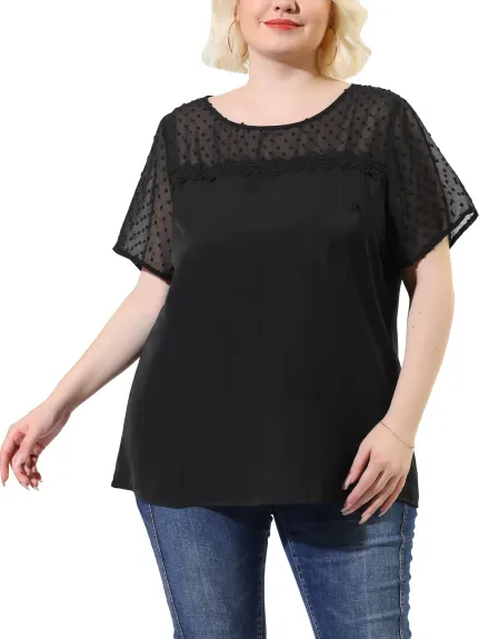 Agnes Orinda - Swiss Dots Short Sleeves Lace Panel Casual Top