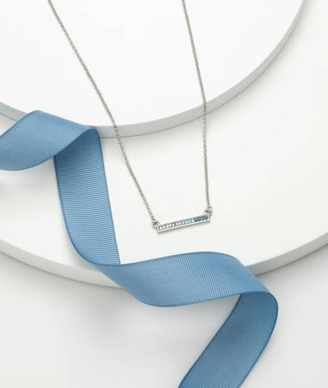 Silvertone & Blue Mix Graduated Crystal Bar Pendant Necklace- callura