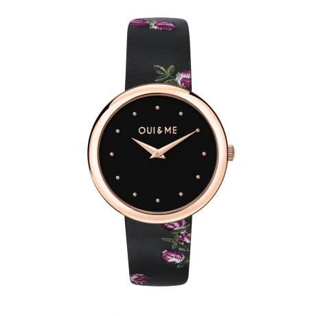 OUI & ME-Chérie 34 mm, 2 aiguilles, cadran fleuri argenté, bracelet en acier inoxydable et or rose