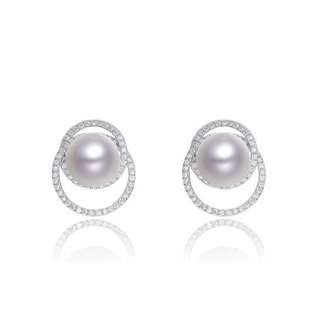 Genevive Cubic Zirconia Sterling Silver White Gold Plated with Round Pearl Earrings