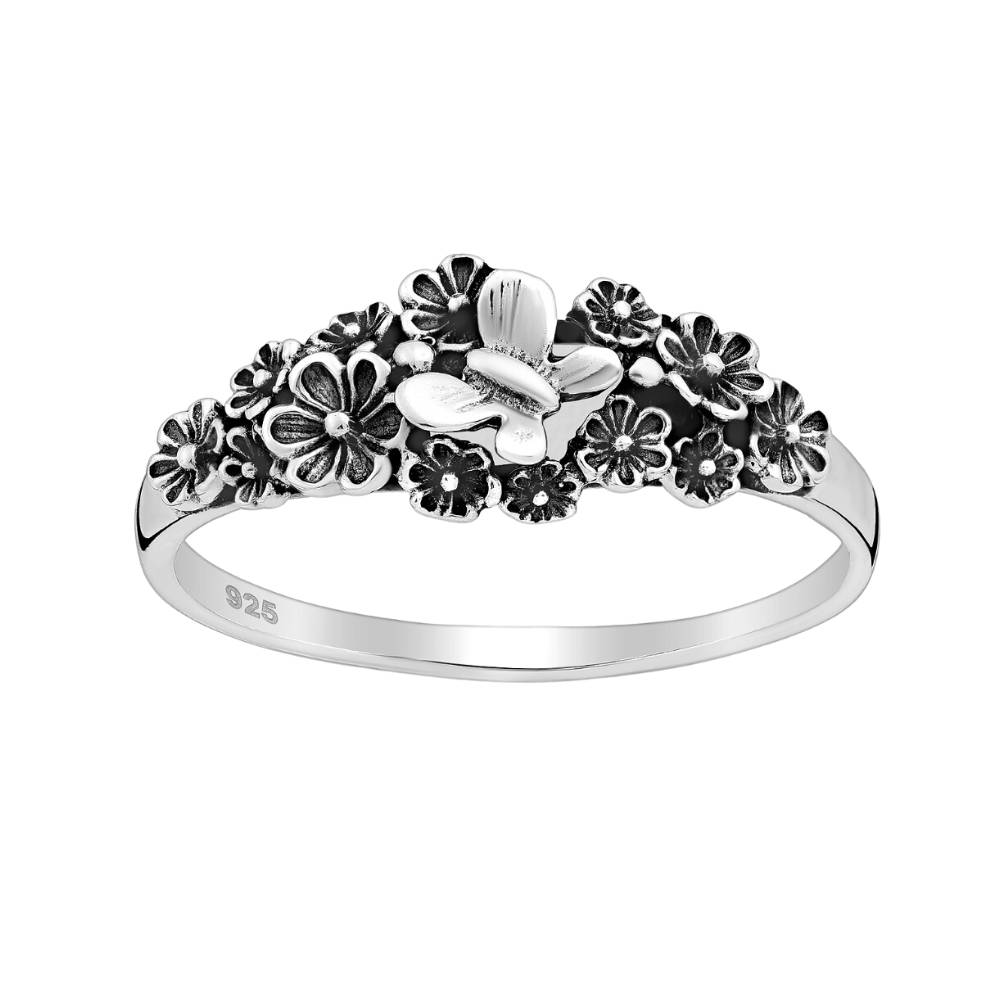 Sterling Silver Oxidized Butterflies and Flowers Ring - Ag Sterling