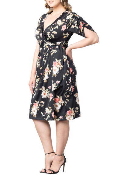 Kiyonna Eden Midi Faux Wrap Dress with Ruched Sleeves (Plus Size)