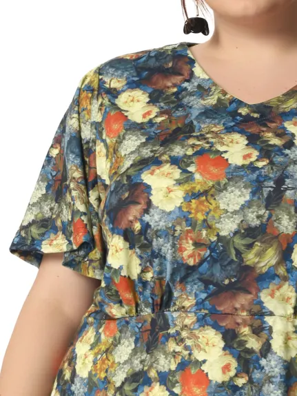 Agnes Orinda - Short Sleeve Fit Flare Midi Floral Dress