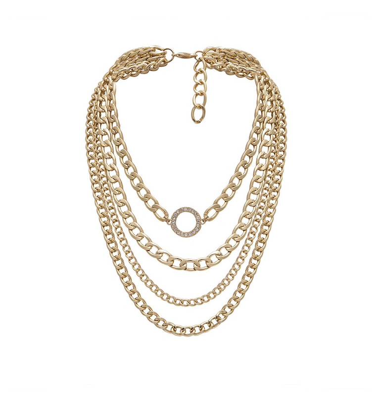 Goldtone Chain Link Layered Necklace with Crystal Pave Circle Detail- Don't AsK