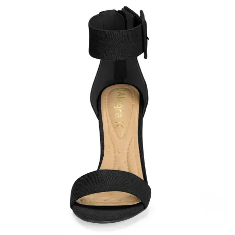 Allegra K - Block Heel Buckle Ankle Strap Denim Sandals