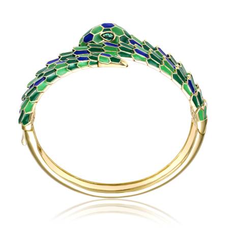 Rachel Glauber 14k Yellow Gold Plated with Emerald Cubic Zirconia Green & Blue Enamel 3D Serpent Coiled Bypass Wrapped Bangle Bracelet