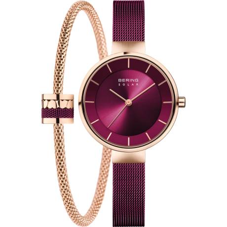 BERING - 31mm Ladies Solar Stainless Steel Watch In Rose Gold/Purple