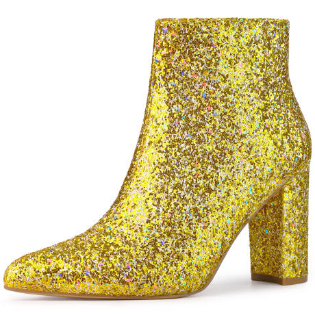 Allegra K- Glitter Pointed Toe Chunky Heel Ankle Boots