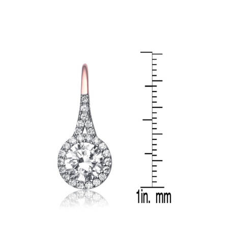 Genevive Sterling Silver with Clear Round Cubic Zirconia Partially Paved and Haloed Solitaire Drop Earring