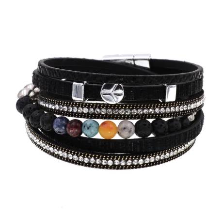 Bracelet Multi-Rangs en Faux Cuir Noir Perlé - Don't AsK