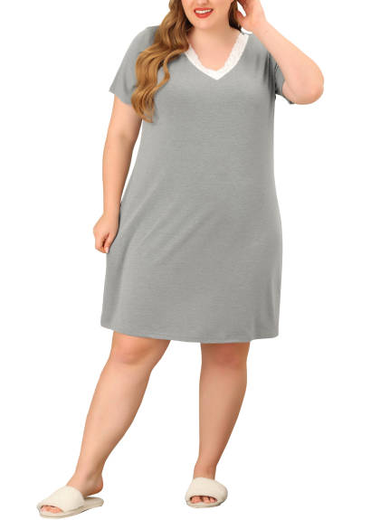 Agnes Orinda - Lace V Neck Short Sleeve Solid T-shirt Nightgown