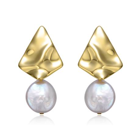 Genevive Sterling Silver 14k Yellow Gold Plated with White Coin Pearl Drop Geometric Rippled 3D Double Dangle Earrings