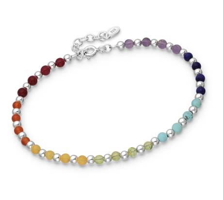 Sterling Silver Rainbow Beaded Bracelet with Amethyst, Lapis, Jade, Agate, Turquoise Howlite - Ag Sterling