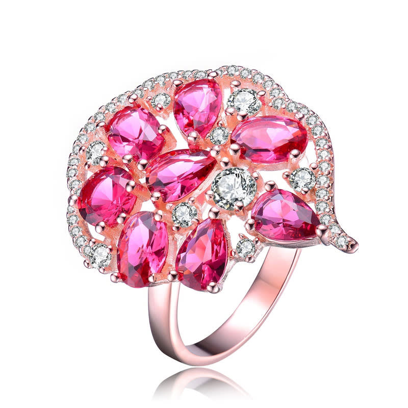Genevive Sterling Silver 18k Rose Gold Plated with Red Cubic Zirconias Cocktail-Cluster Ring