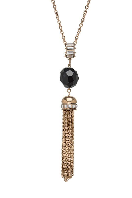 Black Hexagonal Agate & Goldtone Tassle Necklace- Don't AsK