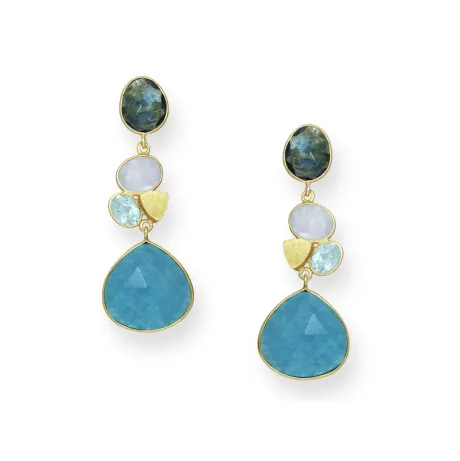 Boucles d'oreilles pendantes en argent sterling plaqué or 18 carats avec jade bleu et pierres précieuses en grappe en forme de goutte- AG Sterling