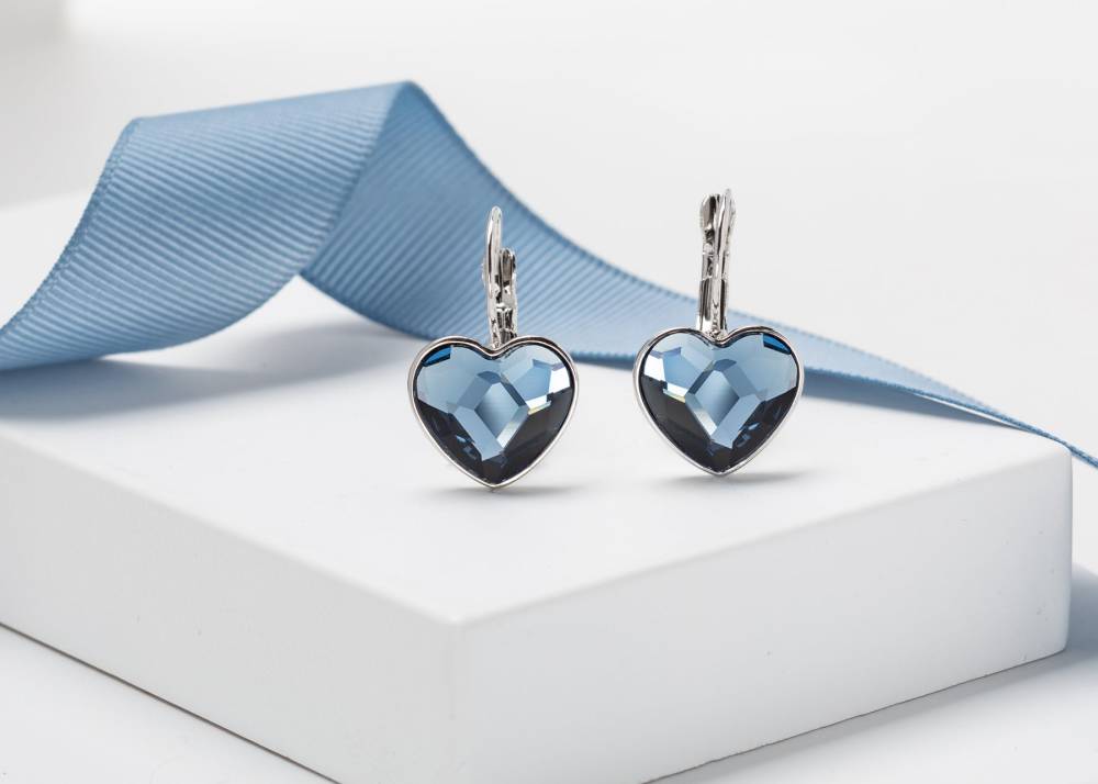 Denim Blue Crystal Heart Leverback Earrings by callura