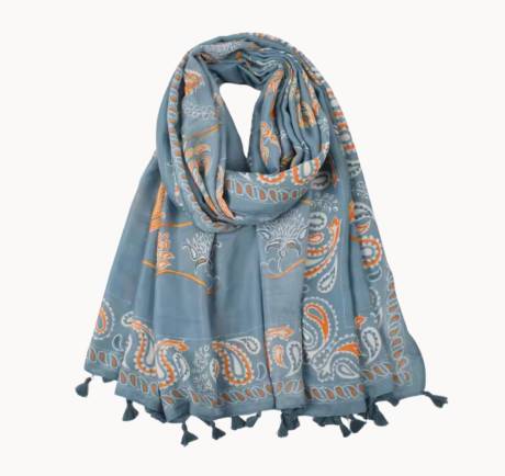 Steel Blue and Tangerine Paisley Scarf with Tassels - Don't AsK