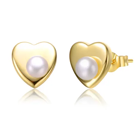Genevive Boucles d'oreilles à tige en argent sterling plaqué or jaune 14 carats avec cœur en perles blanches