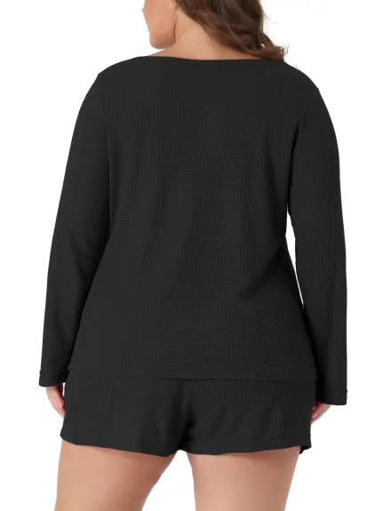 Agnes Orinda - Waffle Long Sleeve Top and Shorts Loungewear Set