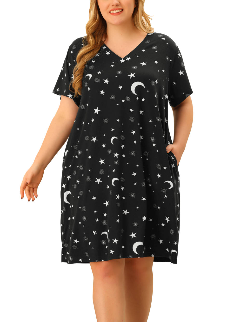 Agnes Orinda - Short Sleeve Star Moon Pattern Sleepshirt