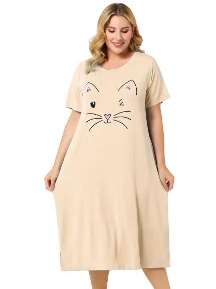 Agnes Orinda - Comfy Nightshirt Cute Cat Print Pocket Nightgown
