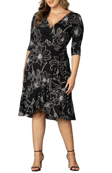 Kiyonna Flirty Flounce Midi Wrap Dress with 3/4 Sleeves (Plus Size)